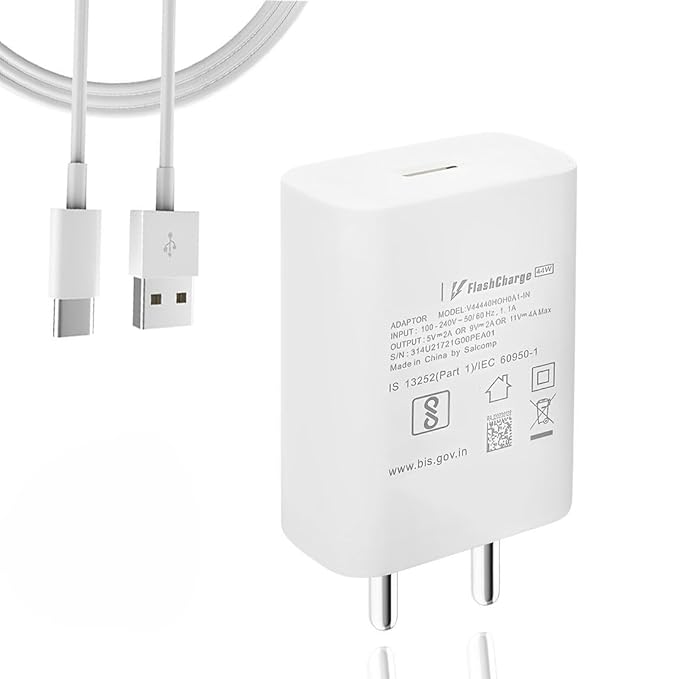 44W Flash Charge Charger with Cable Adapter Compatible with Vivo V21,V21 Pro,V23 5G,V23e 5G,V23 Pro 5G,vivo 23e, iqoo Z5,Z6,Z6x, iqoo neo 3, iqoo neo 6,neo 7 & Other Devices (White)(Cable Included)