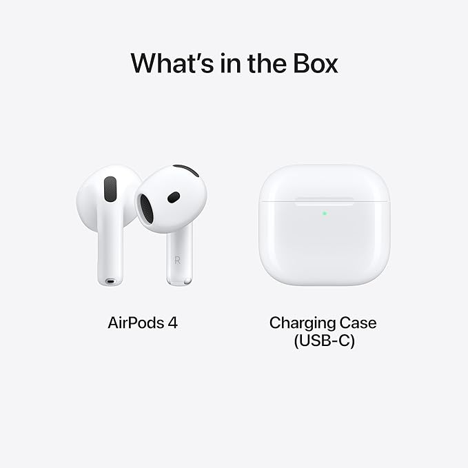AirPods 4 Wireless Earbuds, Bluetooth Headphones, Personalised Spatial Audio, Sweat and Water Resistant, USB-C Charging Case, H2 Chip, Up to 30 Hours of Battery Life, Effortless Setup for iPhone
