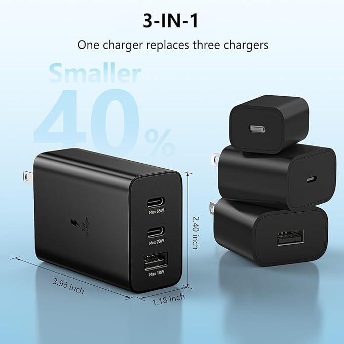 65W Type C Tri Port Super Fast Charger/Adaptor for Samsung S24/S24 Ultra/ S23/ S23 Plus/ S23 Ultra/ S22 FE/ S22, A35/M35/A53/M55/F05/M15, Galaxy Tab, Quick Charge