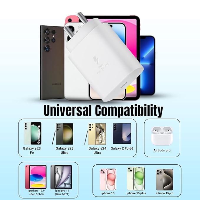 WSOKO 25W Fast Sam Charger– Power Adapter for Fast & Quick Charging Compatible with Samsung Galaxy S23, S22, Note 20,S20 FE,S21+,S21 FE,S21 Ultra,S22,S23,M14 5G,M15,M32(White) (A15)