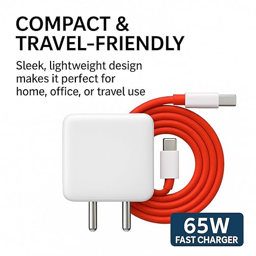 WSOKO Warp Charge 65W Fast Charger with Type-C Cable | Compatible with OnePlus 9/9 Pro/8T/ Nord 2/ CE 2/ 10R | Ultra-Fast Charging Adapter with USB-A to USB-C Cable – Red & White