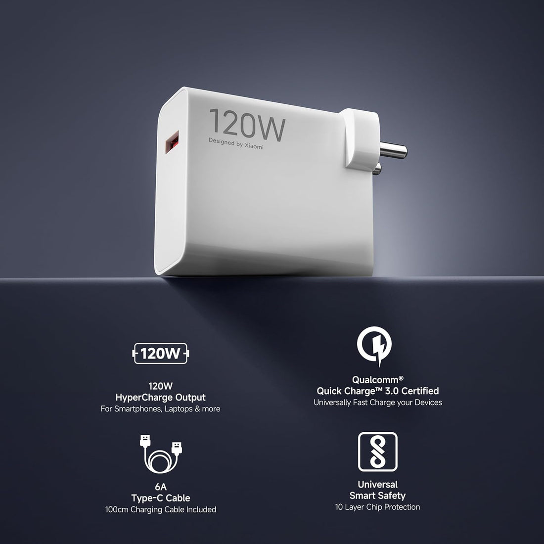 Mi Xiaomi Original 120W HyperCharge Adapter with 6A Cable – Fast Charging for Mobile, Laptop & MacBook – White